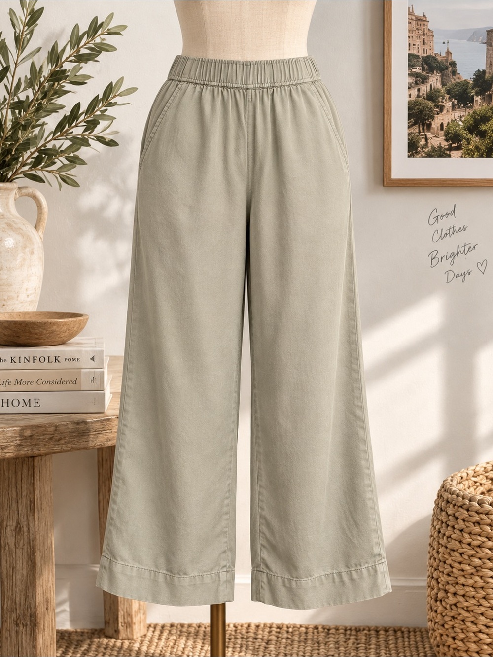 C&C California Lyocell Cropped Wide Leg Pull On Pants Sage Green Medium
